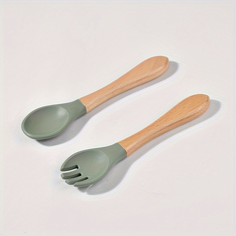 Image of Food Grade Silicone Spoon, Wooden Handle Fork And Spoon, Training Feeding Tableware 2pcs Set