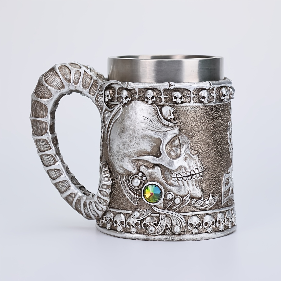 a vintage lamb horn skull beer mug large capacity and   stainless steel mug 20 3oz 3d three dimensional cow horn skull coffee mug high end pub draft beer mug christmas creative gift details 5