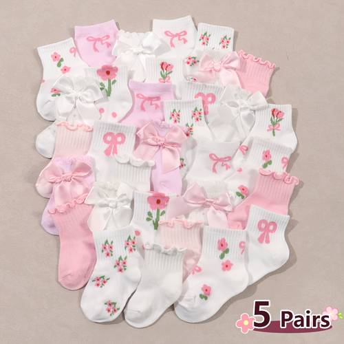 5 pair random pink and white girls calf socks spring summer floral bow polka soft and stretchy everyday socks