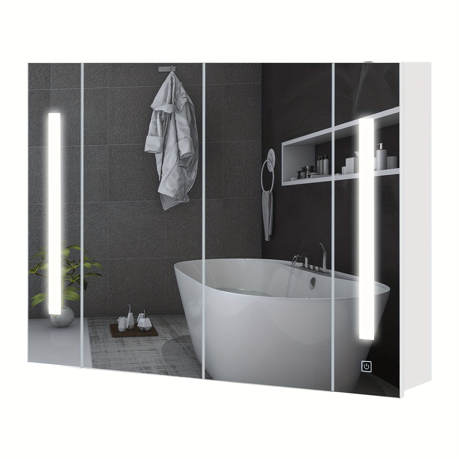Modern Wall-mounted Bathroom Mirror Cabinet With Led Lighting - Adjustable 3-tone Light Suitable For Small Bathrooms, Low Depth Space-, Wood Frame & Doors/shelf, Assembly Over Sink
