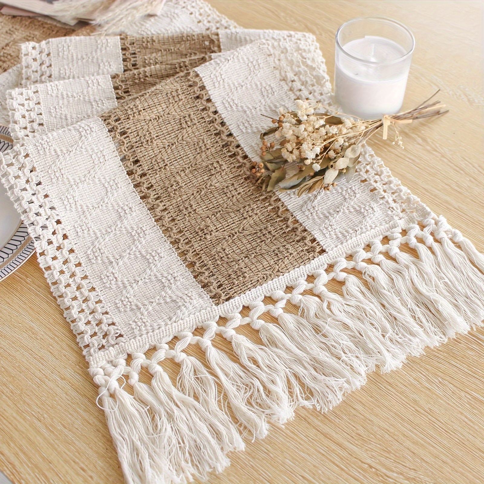 

1pc, Polyester Table Runner, Bohemian Tassel Table Runner, Rustic Farmhouse Dining Room Home Decor, Long Country Style Linen With Fringe, For Boho Wedding Bridal Shower Decoration