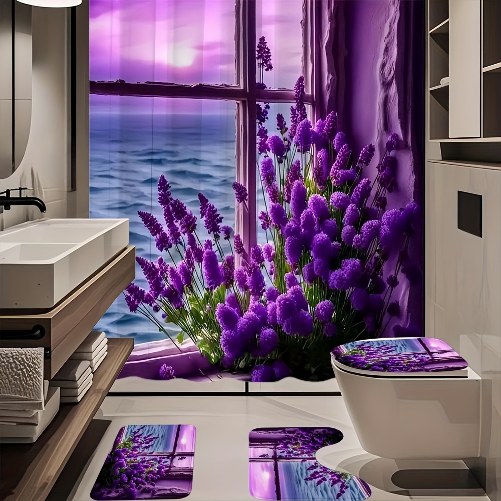 TEMU 4pcs Purple Lavender Pattern Shower Curtain Set Shower Curtain With 12 Hooks, Anti Slip Carpet, Toilet U-shaped Pad, Toilet Lid Pad 71x71 Inches