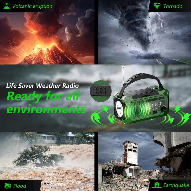 36800mwh 1 pack emergency radio with am fm 3 way charging hand crank solar usb sos alarm flashlight reading light thermometer compass 10000mah power bank perfect survival kit for outdoor camping emergencies Product details 0