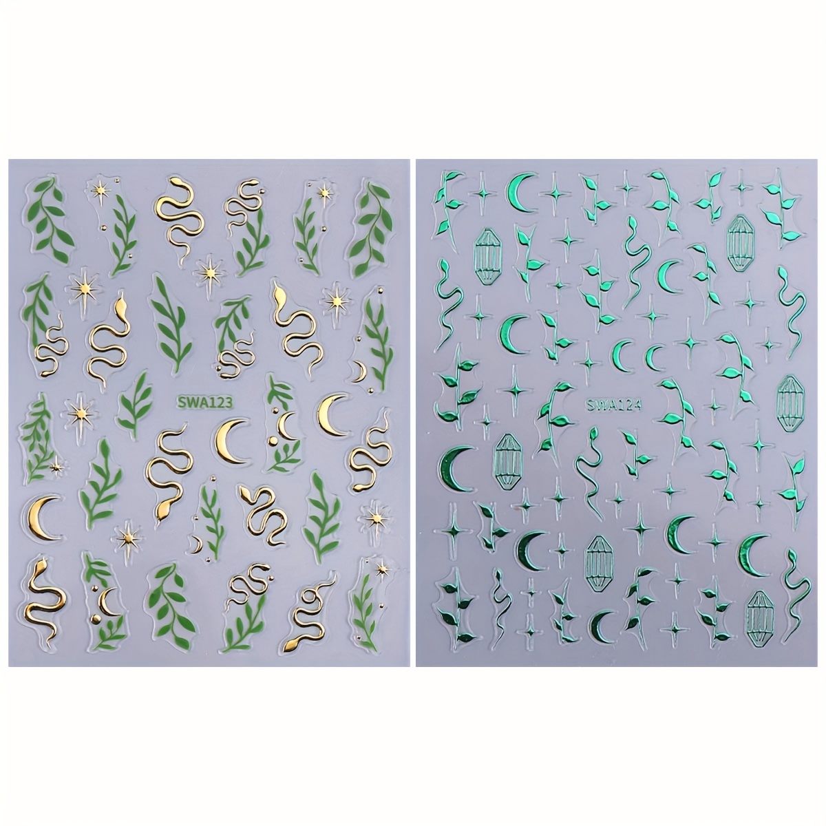 2pcs Snake & Leaf Nail Stickers 3d Green Golden Plants Star Moon Nails Decal Elegant Design Charms Manicure Decoration