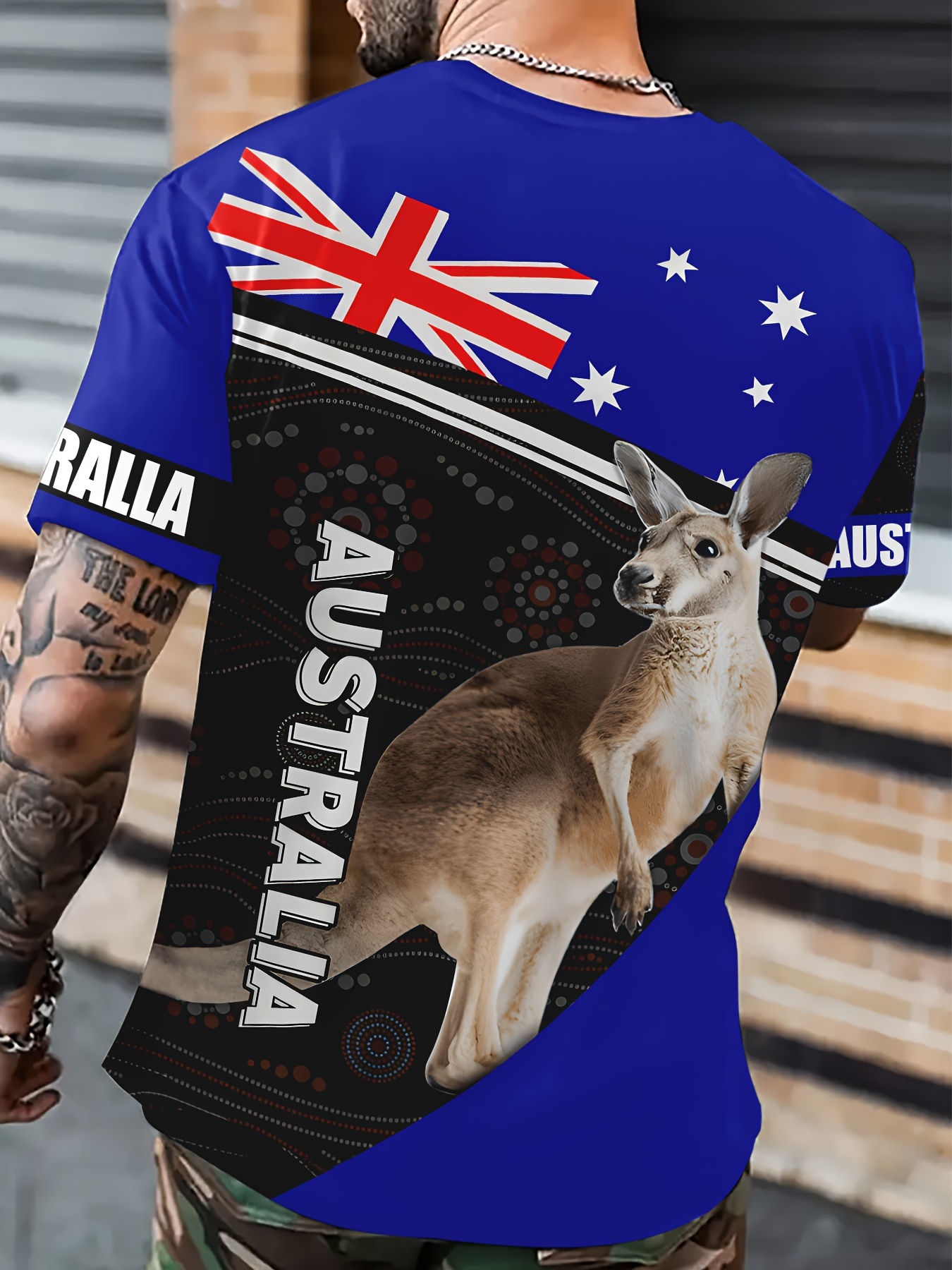 *'s Australian-Themed 3D Kangaroo Print T-Shirt Short Sleeve Casual Round  Neck Tee with 3D Jumping Kangaroo Eucalyptus Leaf Design, Comfortable