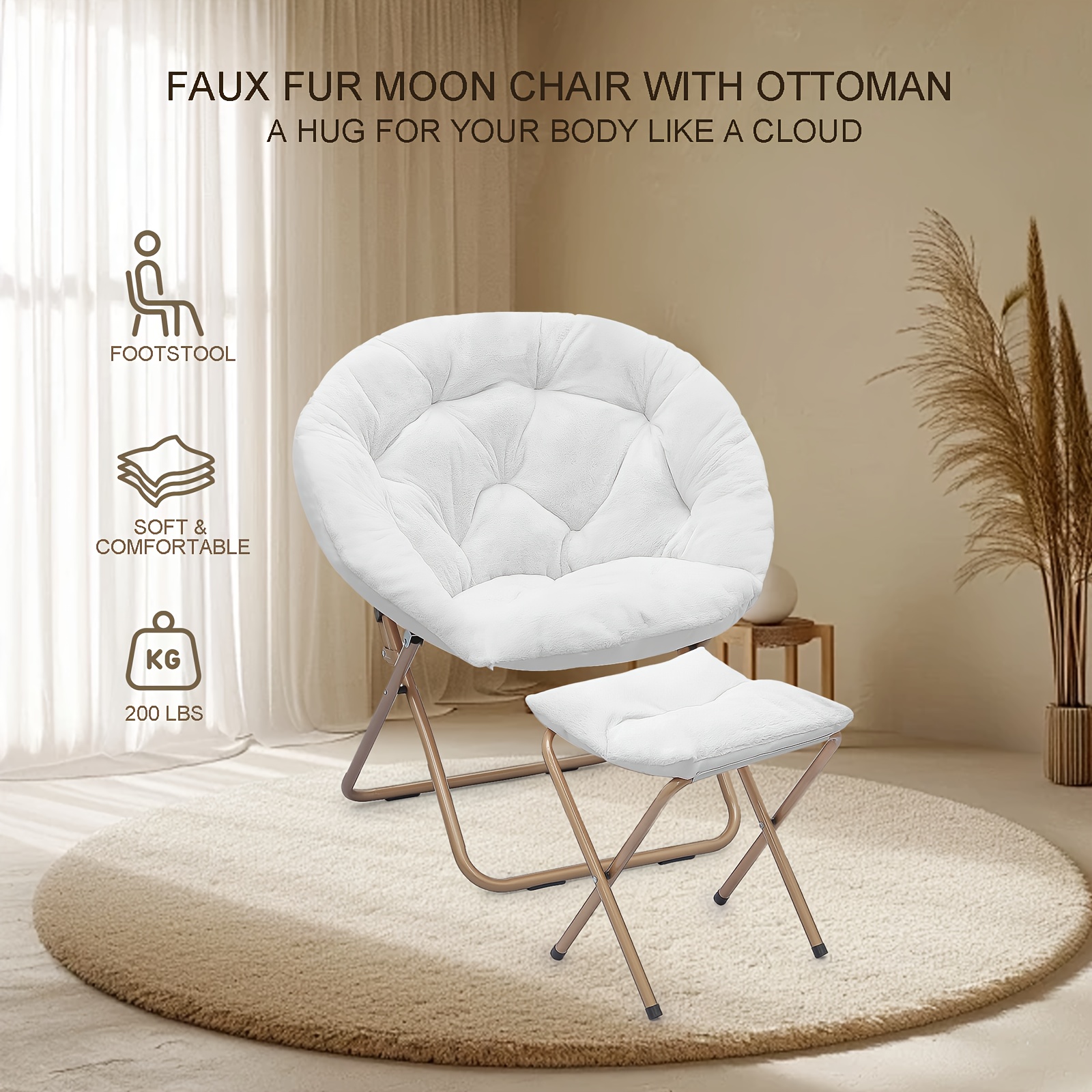 MoNiBloom Round Folding Faux Fur Saucer Chair For Bedroom Living