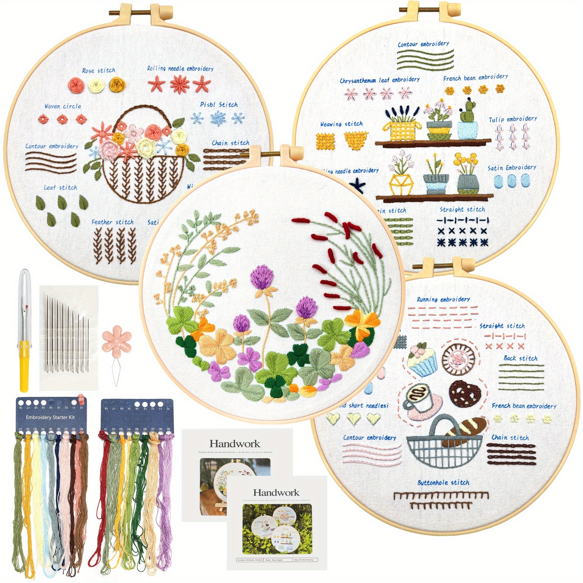 TEMU Set Of 4 Floral Embroidery Kits, Including Hoops, Threads, Needles, And Instructions | 3 Pack Cross Stitch Kits | Beginner's Hand Embroidery