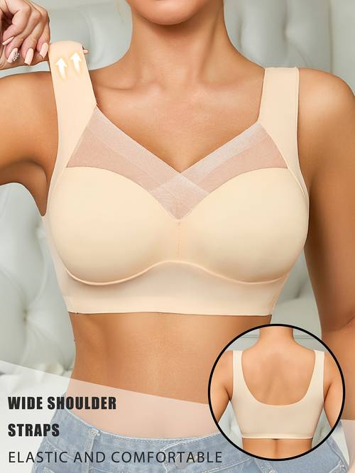 1pc womens elegant lace sports bra push up wire free non marking breathable mesh underwire suitable for fitness full coverage non detachable padded cups machine washable solid color lace bra for lingerie