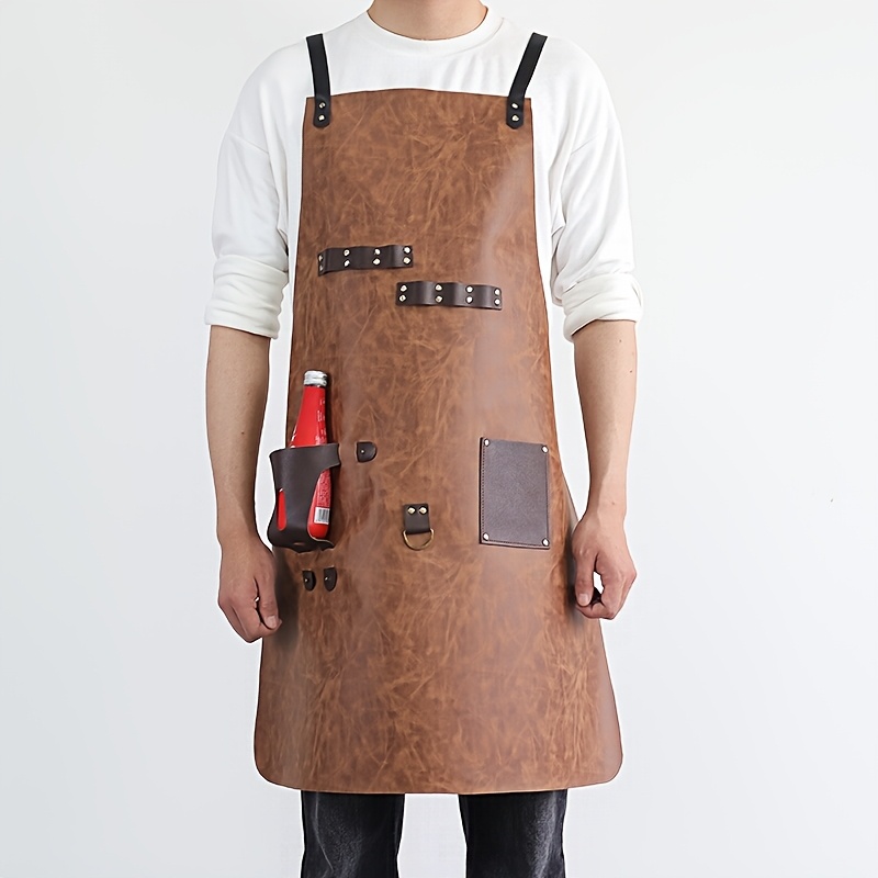 TEMU Pu Crazy Horse Faux Customizable Logo Trendy Durable Retro Oil Wax Tool Apron Catering Work Commercial Apron