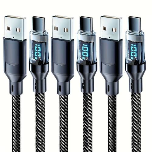 balení 3 ks, 100w super rychlý nabíjecí kabel typ-c/ ultra odolný vysoce kvalitní výkonný usb a na typ c nabíjecí a datový kabel, s digitálním displejem v reálném čase usb c rychlonabíjecí kabel, kompatibilní s iphone, , ipad, tablety a dalšími zařízeními s rozhraním usb-c, černá + 1m/2m