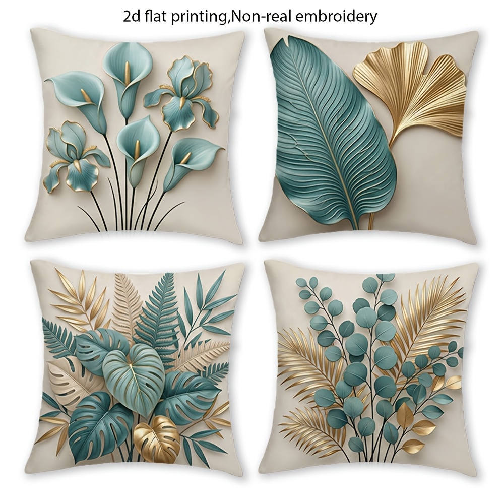 TEMU 2d Flat - 2d 4pcs 2d Flat Printing Summer Light Luxury Gilded Green Plant Pillowcases, Multiple Sizes , Double-sided Printing , Without Pillow