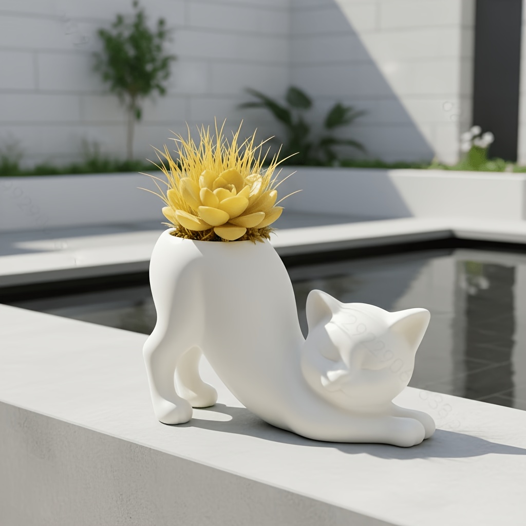 TEMU Adorable Tailless Cat Small Flower Pot - Cute Kitten Succulent Indoor Planter, Decor Plant Pot With Saucer, Bonsai Flower Pot, Ideal Gift, Cute