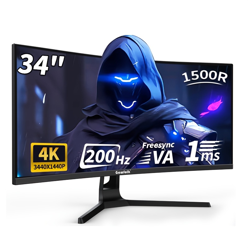 Image of Gawfolk Monitor 34-inch Uwqhd 3440x1440p, 1500r Ultra-wide Pc Screen 200hz Refresh Rate, Curved , Built-in Speakers, Va Panel, Hdr , Displayport And Hdtv Ports, Vesa 75 X 75mm Wall Mounting Holes