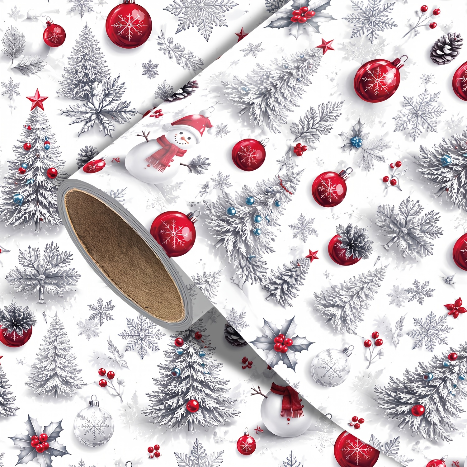 TEMU 1 Roll Christmas Gift Wrapping Paper - Xmas Tree And Snowman Designs, Holiday Designs - Measuring 45cm X 300cm (17.7in X 118in)