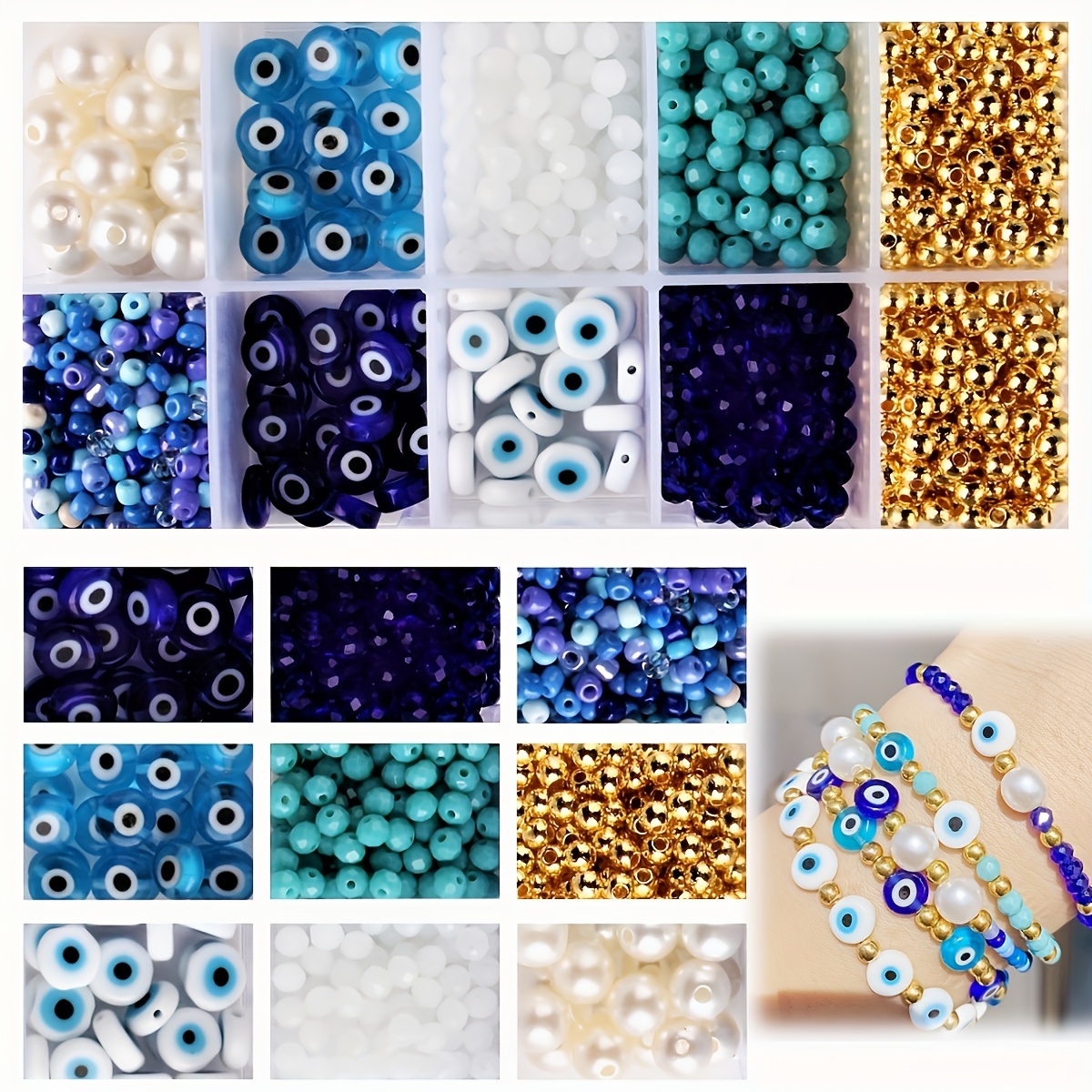 

1111pcs Evil Eye Jewelry Making Kit - Includes Charms, Crystal & Seed Beads In Vibrant Colors For Diy Bracelets, Necklaces & Crafts - Eye Designs With Golden Accents, Jewelry Making Supplies