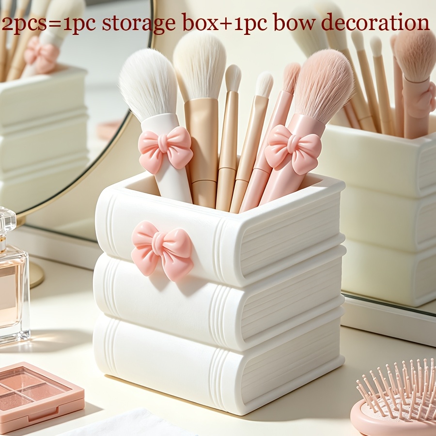 TEMU Porte-pinceaux de maquillage de livre avec nœud, organisateur de cosmétiques de bureau, rangement de coiffeuse simple de style crème, de