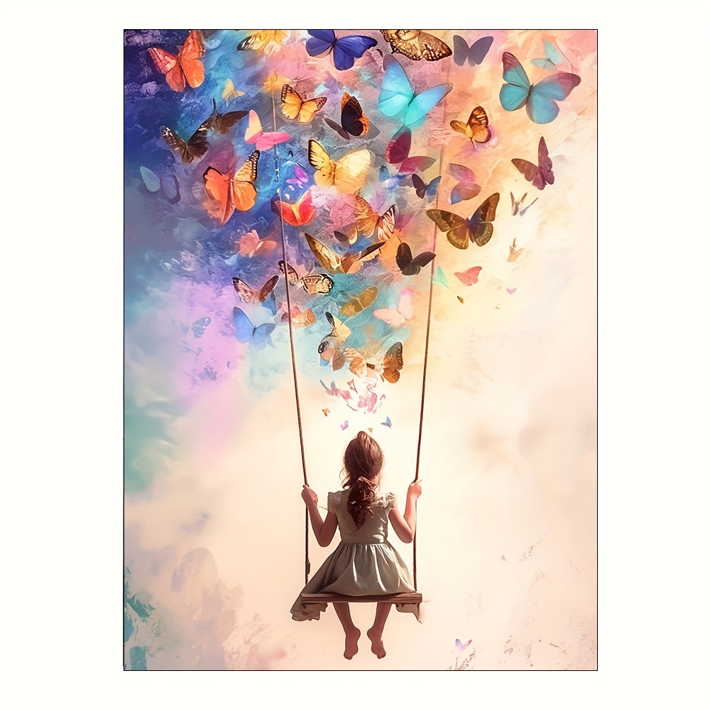 

Whimsical Butterfly Swing Canvas Art Print - 12x16 Inch Frameless Wall Decor, Dreamy Girl On Swing & Colorful Butterflies - Magical Canvas Artwork For Home, Office, Bedroom, Living Room, Gift