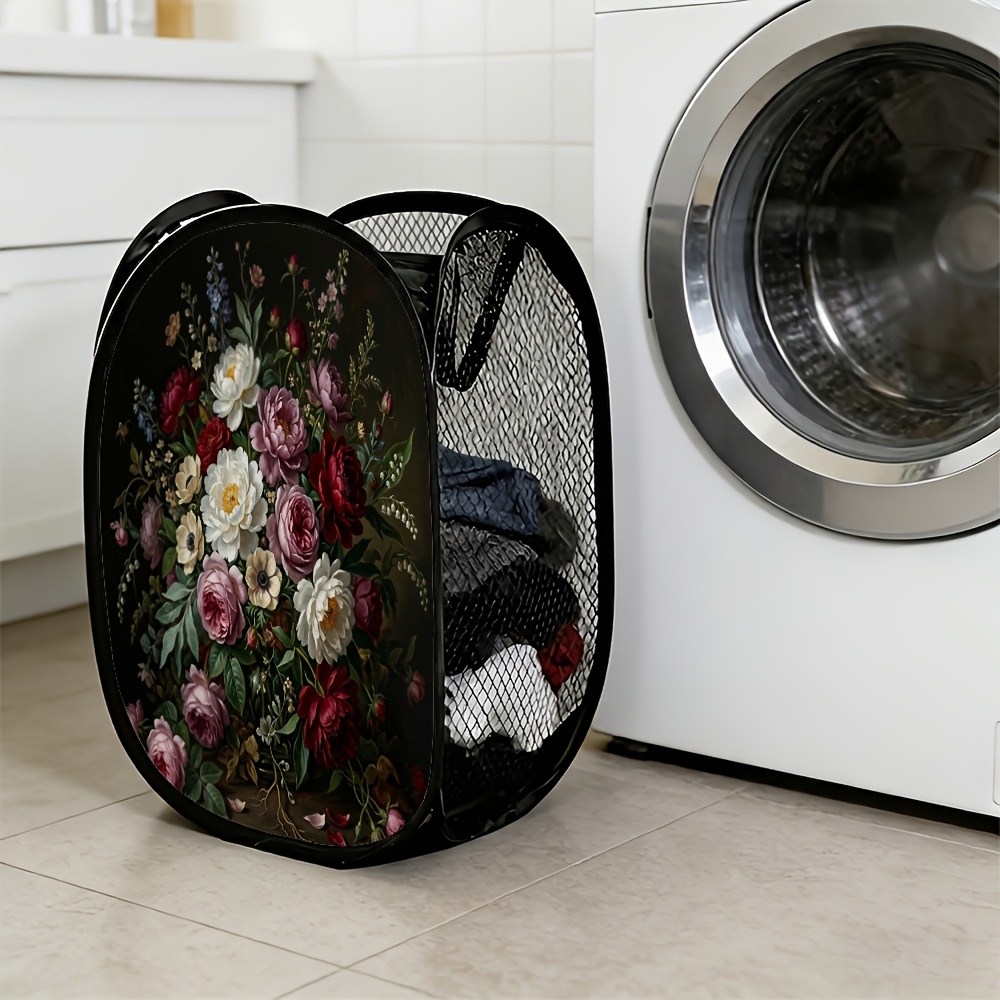 TEMU 1pc Foldable Laundry Hamper With Dark Floral Mesh Pop-up Frame - Space- Storage Suitable For Clothes, Towels, Bed Sheets | Portable Foldable