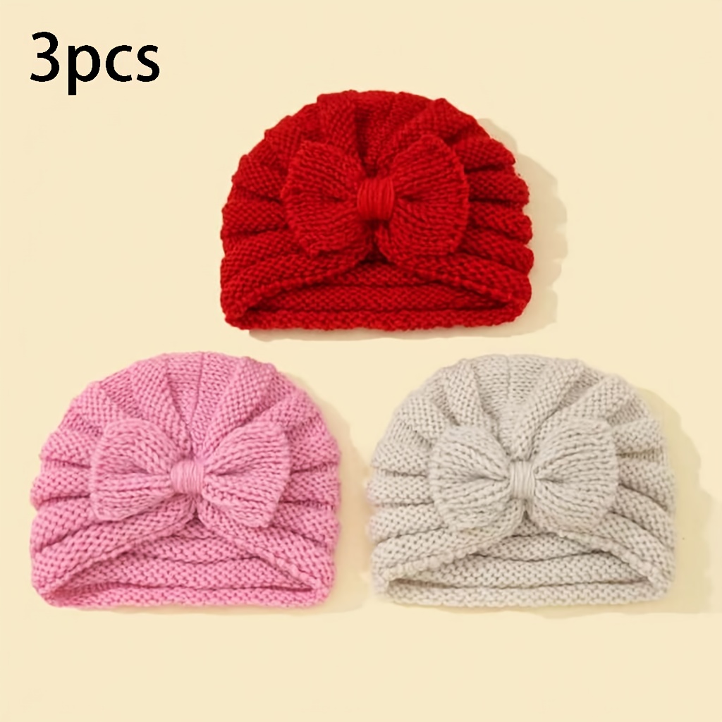 3pcs Autumn Winter , Newborn Bow Warm Knit Cap