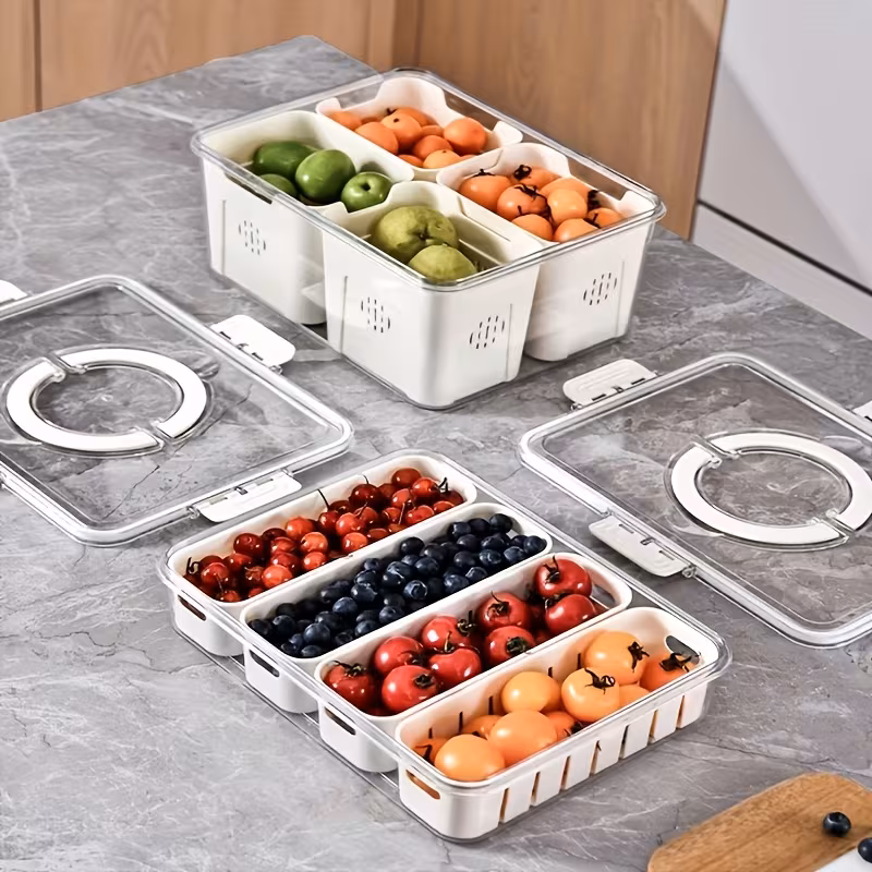 1pc stackable refrigerator storage box with lid and drain basket 2 4 transparent compartments reusable produce saver for and fruits kitchen organizer bin hand wash only plastic material rectangular shape vegetable storage stackable container clear lid feature kitchen organizers and storage details 2