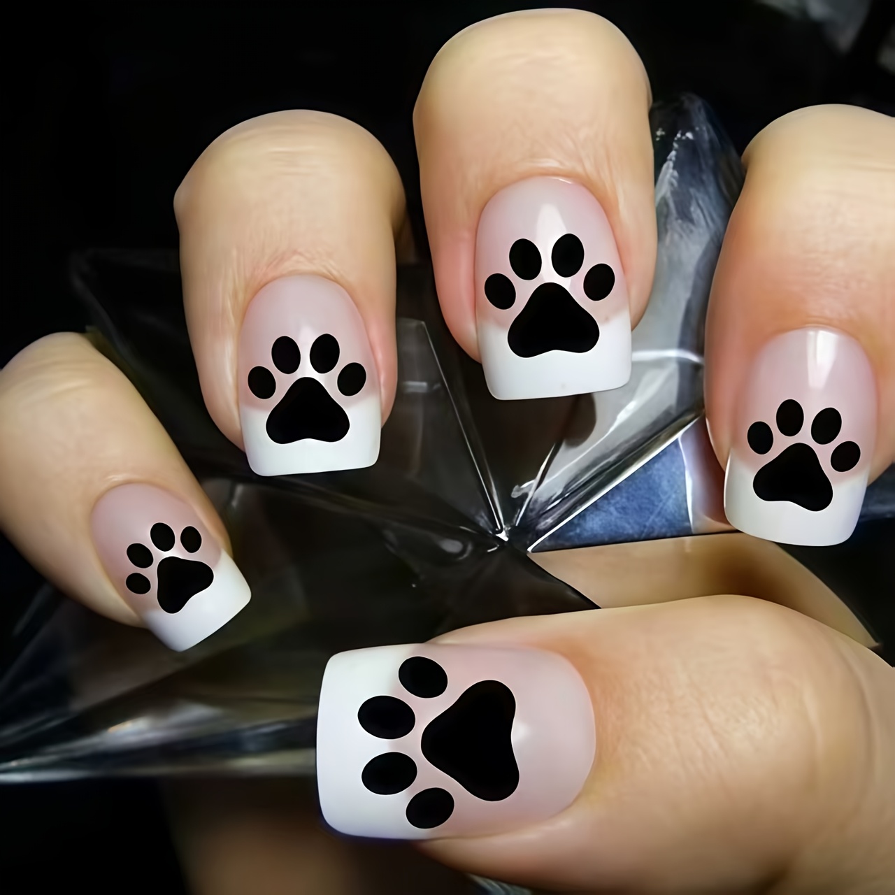 TEMU Ensemble de 24pcs d'ongles à coller Nail Art Claw Print, Autocollants d'ongles courts mignons style animal, Ongles faux détachables et