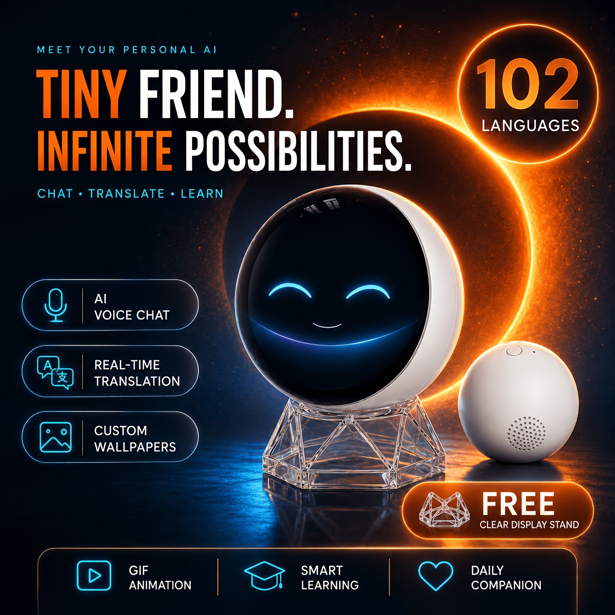 TEMU Z04 New Portable Al Companion Ball, 102 Languages Real Time Translation, , Wallpaper And Gif Display, Interactive Al Pet For Travel Study Daily