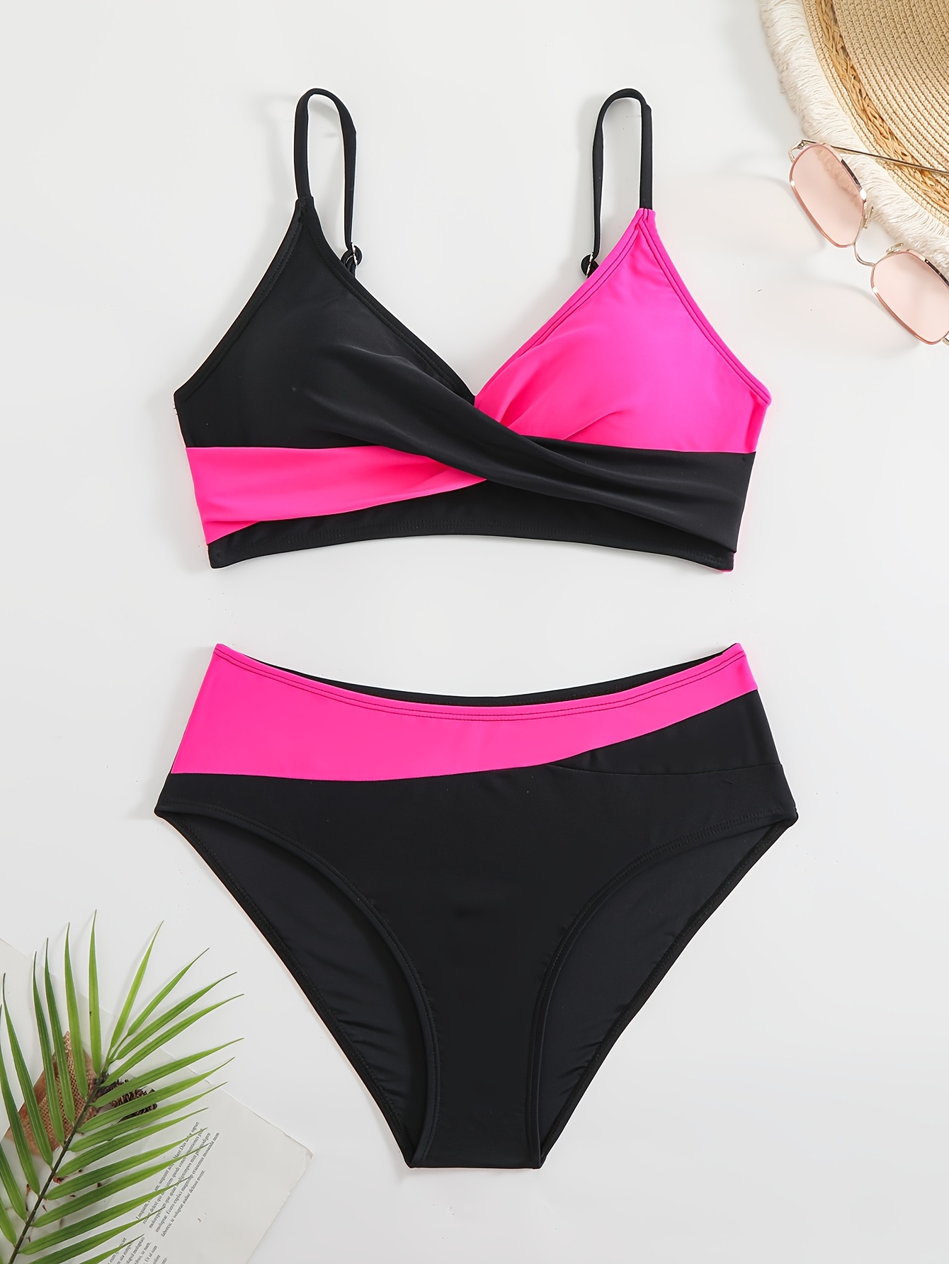 color block split high waisted bikini set women's beach