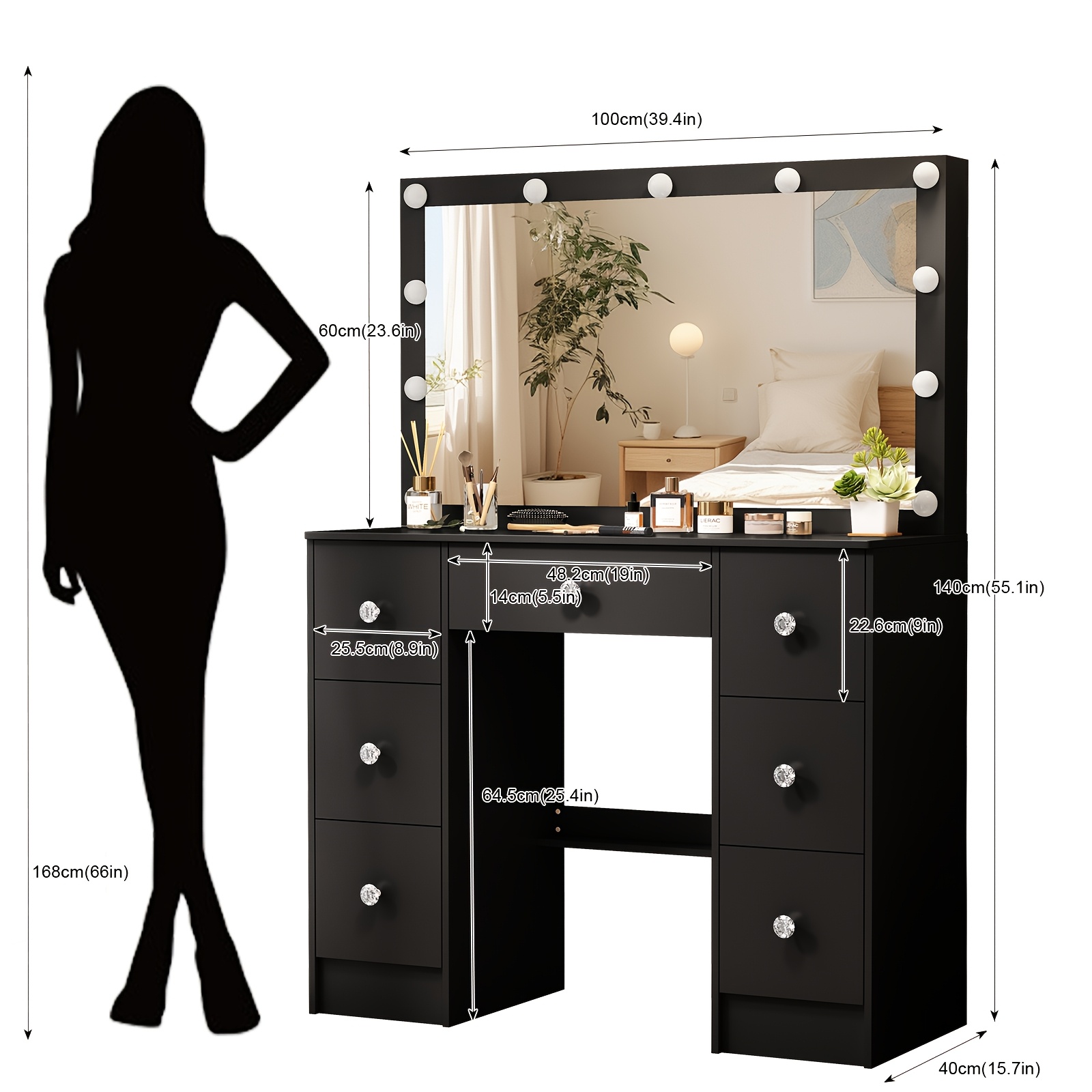 Dressing Table Stool Set with LED Mirror & Drawers