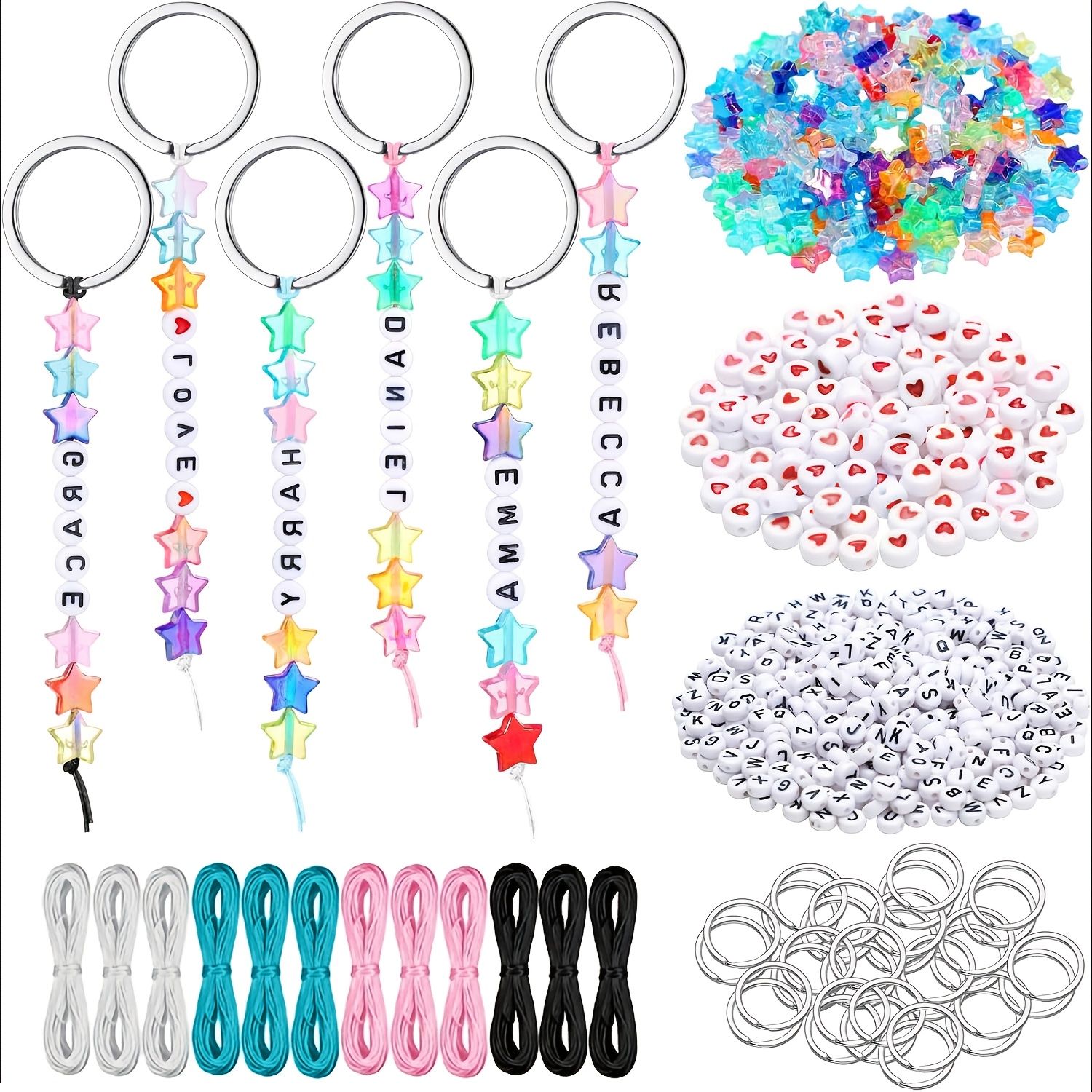 Image of 566pcs Diy Keychain Craft Kit, Adjustable Letter Heart-shaped Transparent Bead Keychain Accessories, Birthday Party Keychain Small Gifts