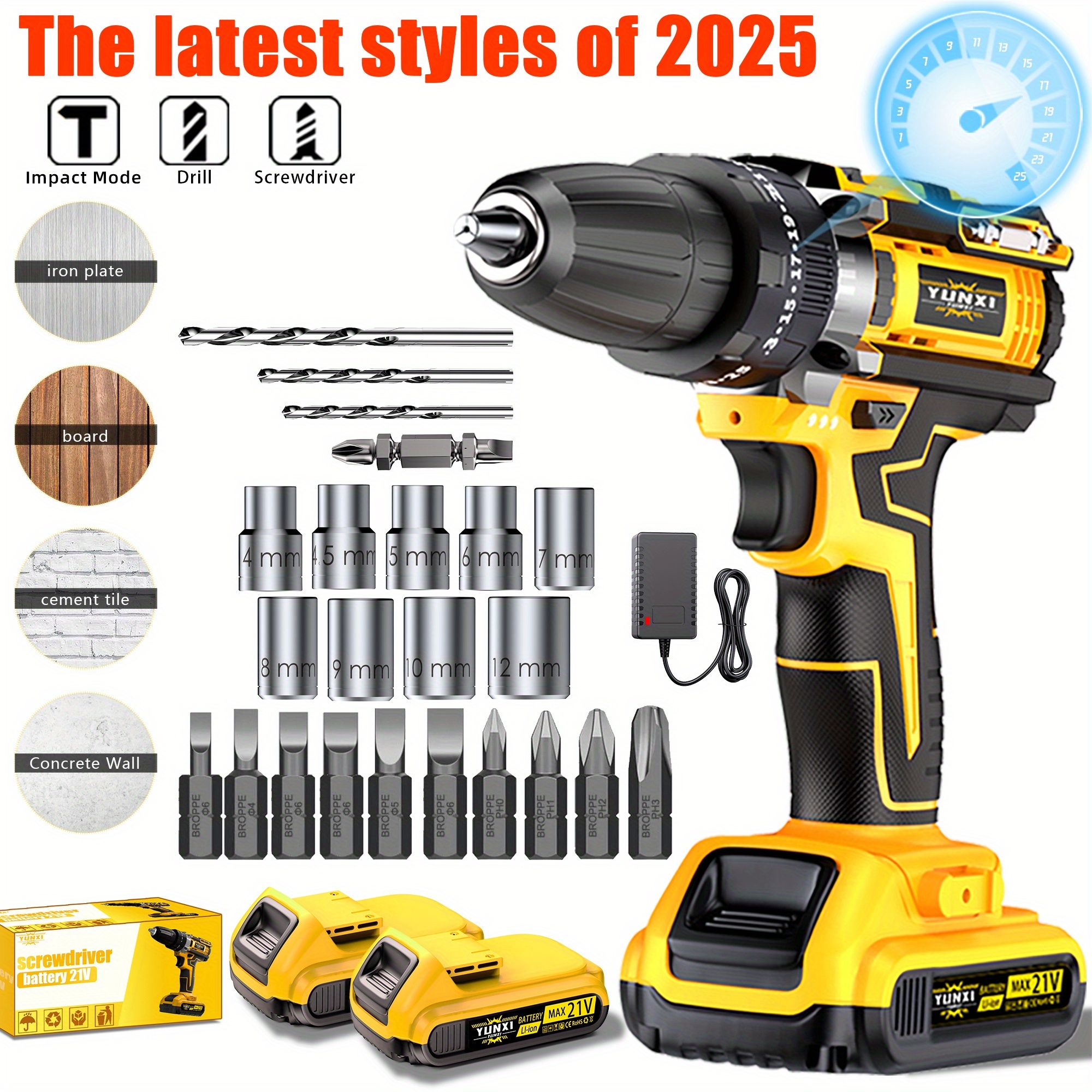 SHITU 21V Cordless Lithium Drill Electric Screwdriver with Tape Impact Function, Work Light, High Horsepower, Rechargeable Lithium Battery, Plastic Body, Home Decoration Tool