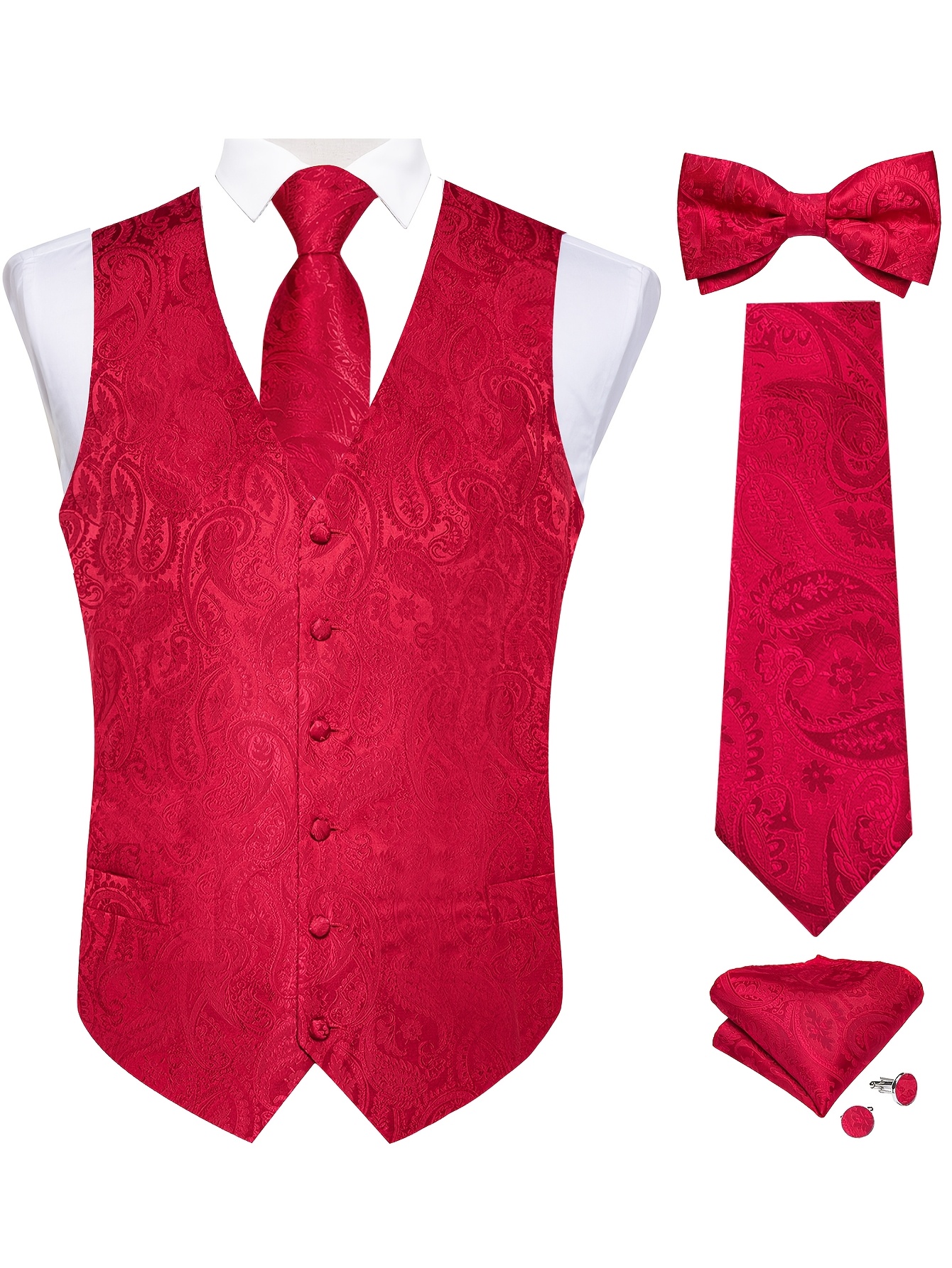5pcs mens paisley vest tie handkerchief cufflinks and lapel flower set   button up closure   wear red green grey black white   accessories   set button closure feature