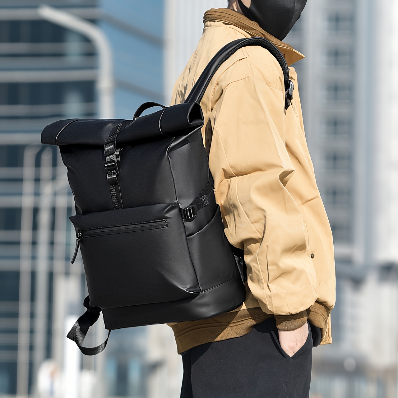 Men's Large-Capacity Roll-Top Backpack Compatible for 15.6 Laptop, Expandable Commuter Bag with Multi-Compartment Tablet & Side Pockets, Adjustable Shoulder Straps & Roll-Top Closure, Lightweight Breathable School Bag for Travel