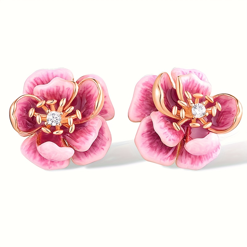 E-shop Vintage Emaille Einfassung Zirkonia Blumen Ohrstecker für Damen Party Hochzeit Valentinstag Elegante Schmuck Geschenk