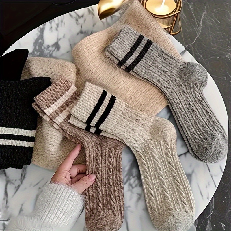 

2/3/4pcs Women' Cable Knit Striped Mid-calf Socks - Cozy & Polyester , Autumn & Winter, Elegant College Style, Cute Socks