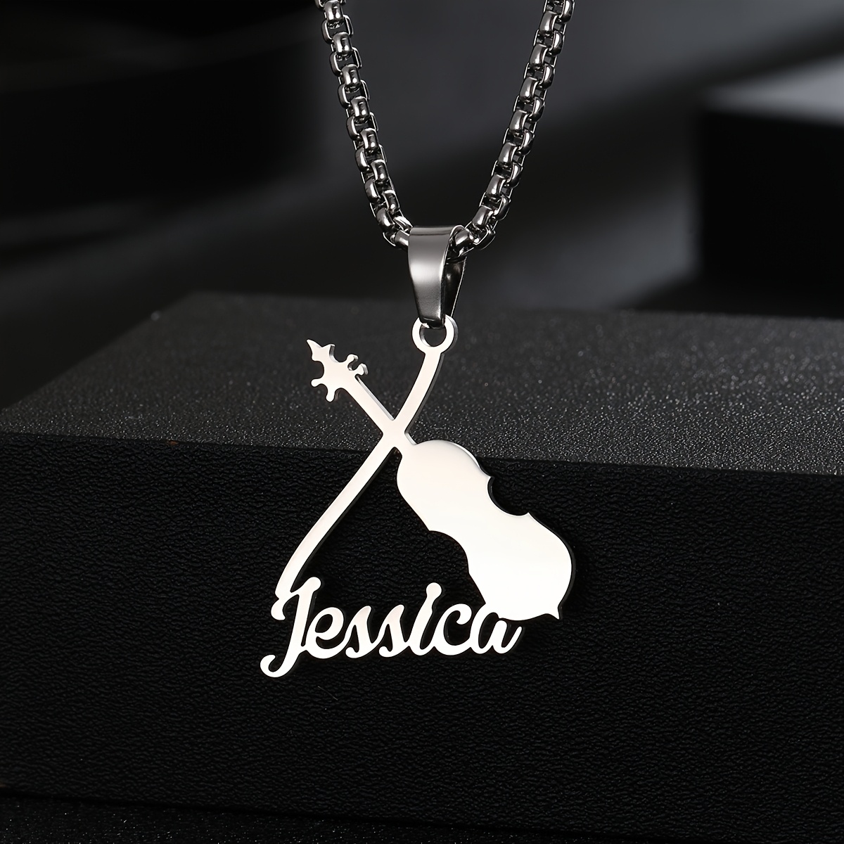 TEMU Customized Name Fashion Musical Necklace, Elegant Violin Pendant, Personalized 304 304 Stainless Steel Women Men Jewelry, Perfect For Clubs,