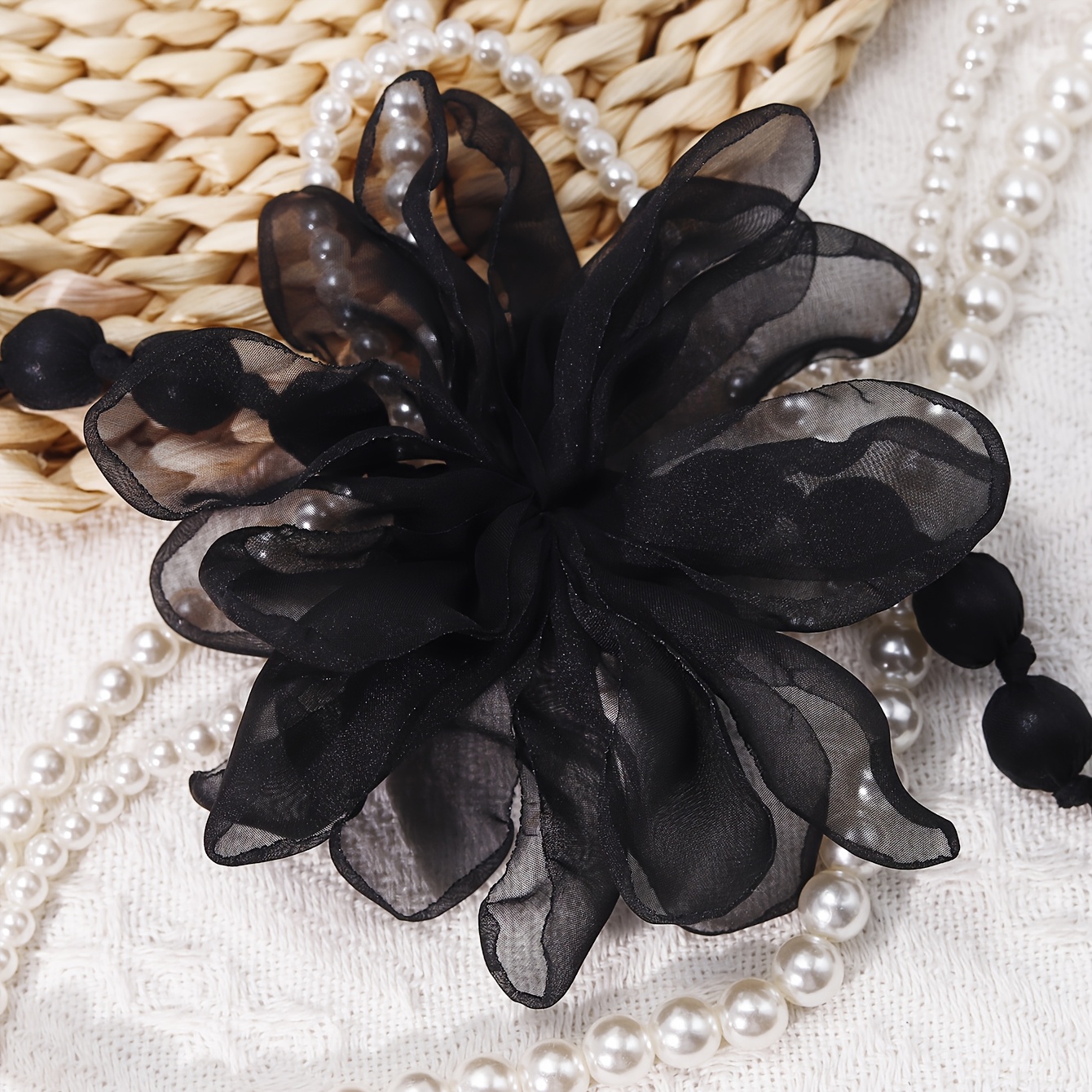 Women's Handmade Woven Long Necklace with Fabric Flower