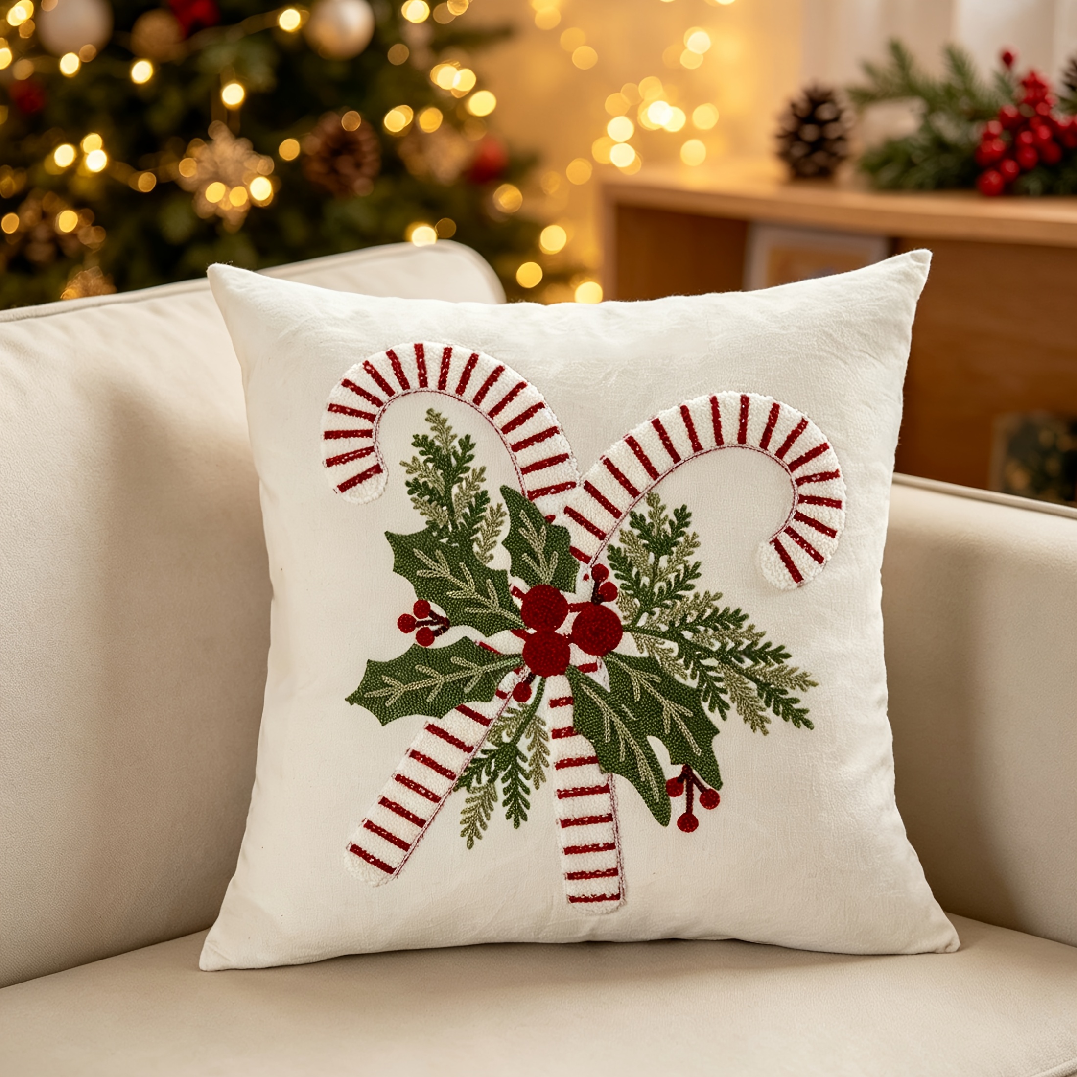 TEMU 1pc 3d Embroidered Christmas Candy Cane Pattern Pillowcase, Pillow Insert Not Included, Christmas Themed, Autumn/winter Living Room Bedroom Home