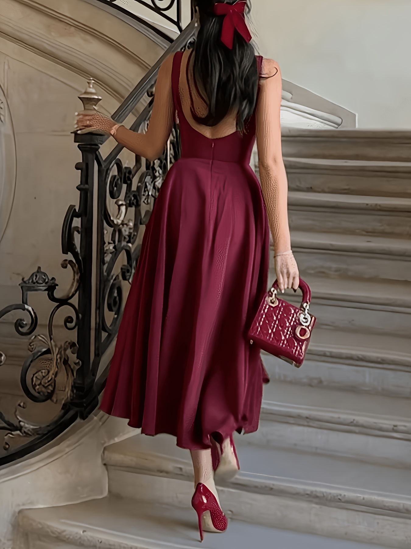 red midi backless dress sleeveless waist cinching Homecoming Dress Date Night dress Finished with a secure Color:RED