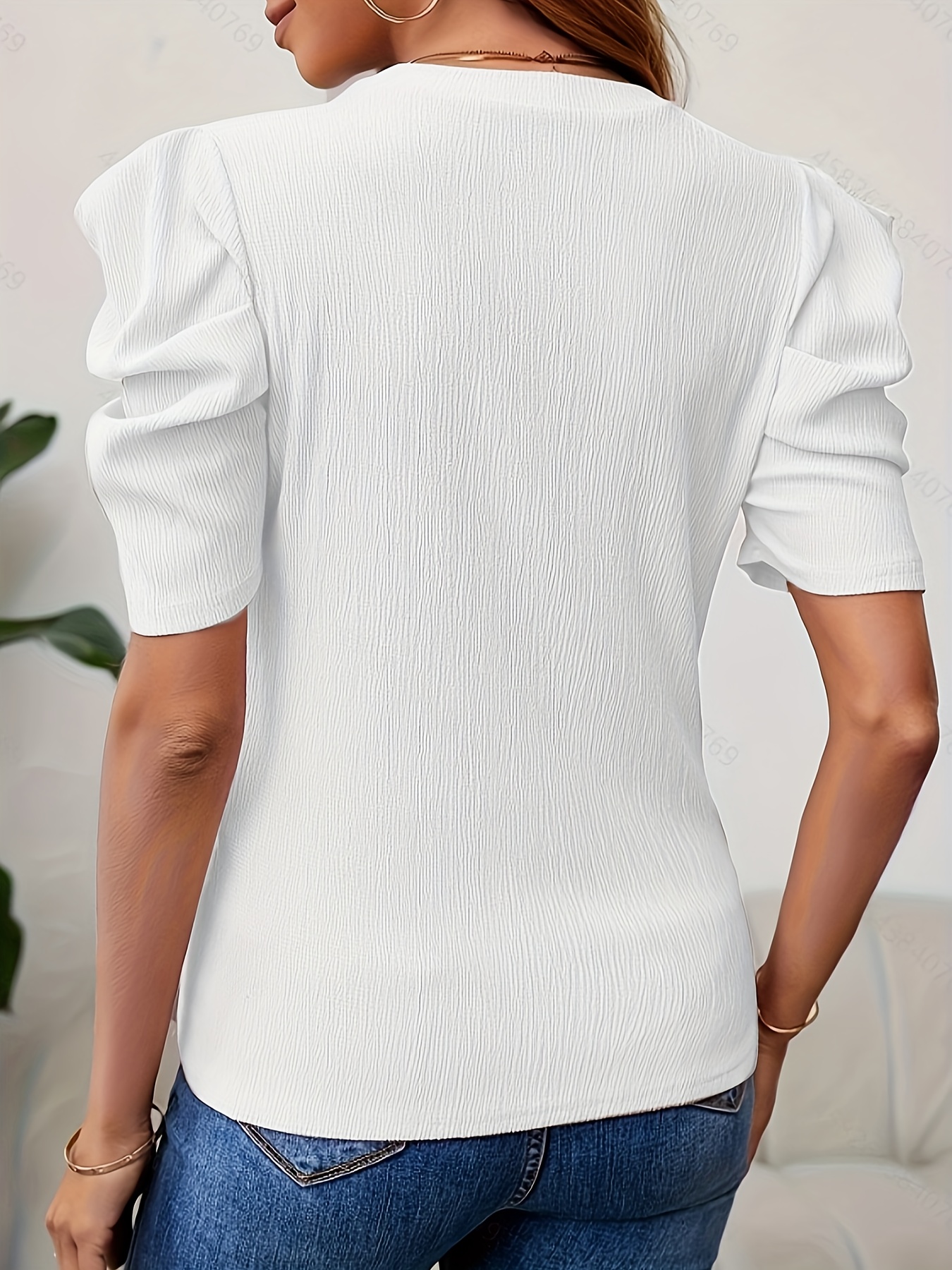 Elegant Ruffled Sleeve T-Shirt - Soft Stretch Polyester-Spandex Blend, Round Neck Casual Chic Top, All-Season Versatile Wear, Hand Wash Only