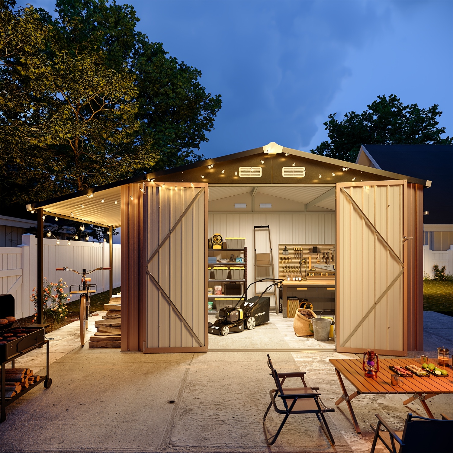 ULSMVOC 9X6/7X6 FT Metal Storage Shed with Porch, Large Outdoor  , Garden Shed with Lockable Doors,   Utility Building for Backyard Patio, Storage for Tools, Lawn Mower, Bikes, BBQ
