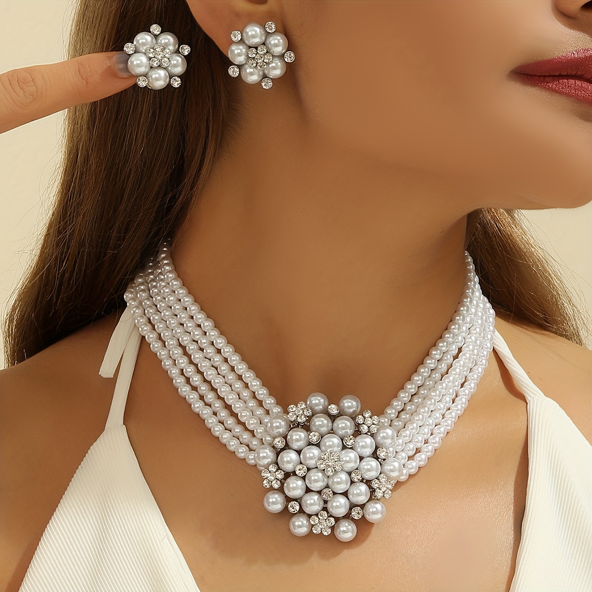 

Luxury Style Pearl Necklace & Earrings Bridal Accessories Set Silver Plated Accessories