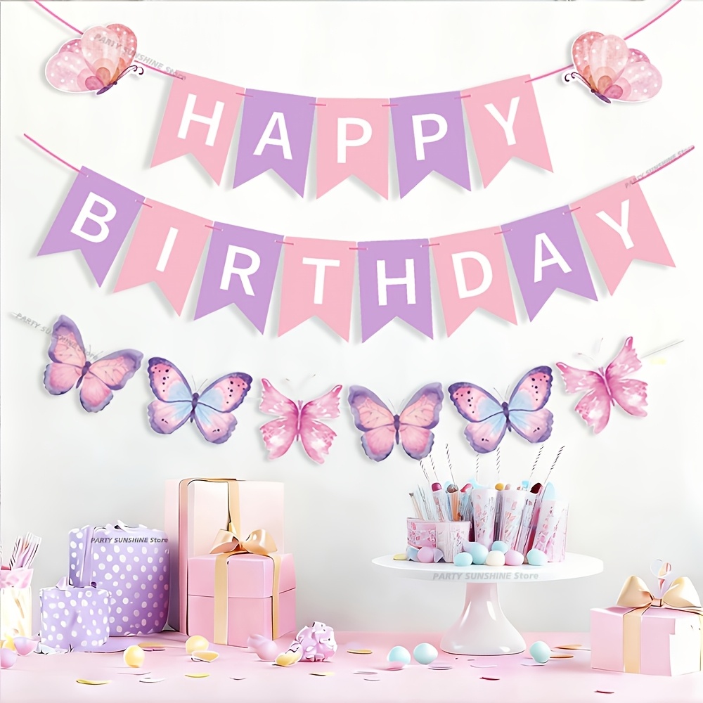 Image of 21pcs Of Pink And Purple Spring -themed Birthday Celebration Decoration Set, With Birthday Party Flags