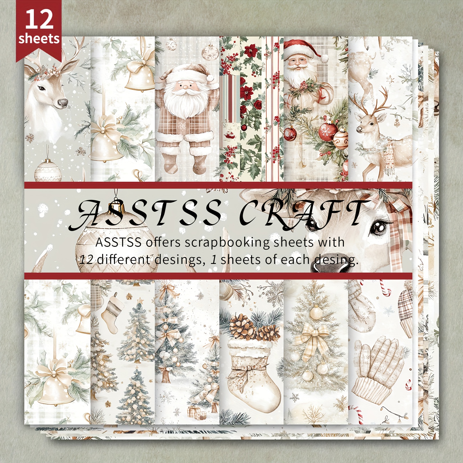 TEMU 12-sheet Scrapbooking Paper Pad, Vintage Christmas Backing Paper Supplies, Heavyweight Cardstock For Journaling, Collage Art, Greeting Cards, &