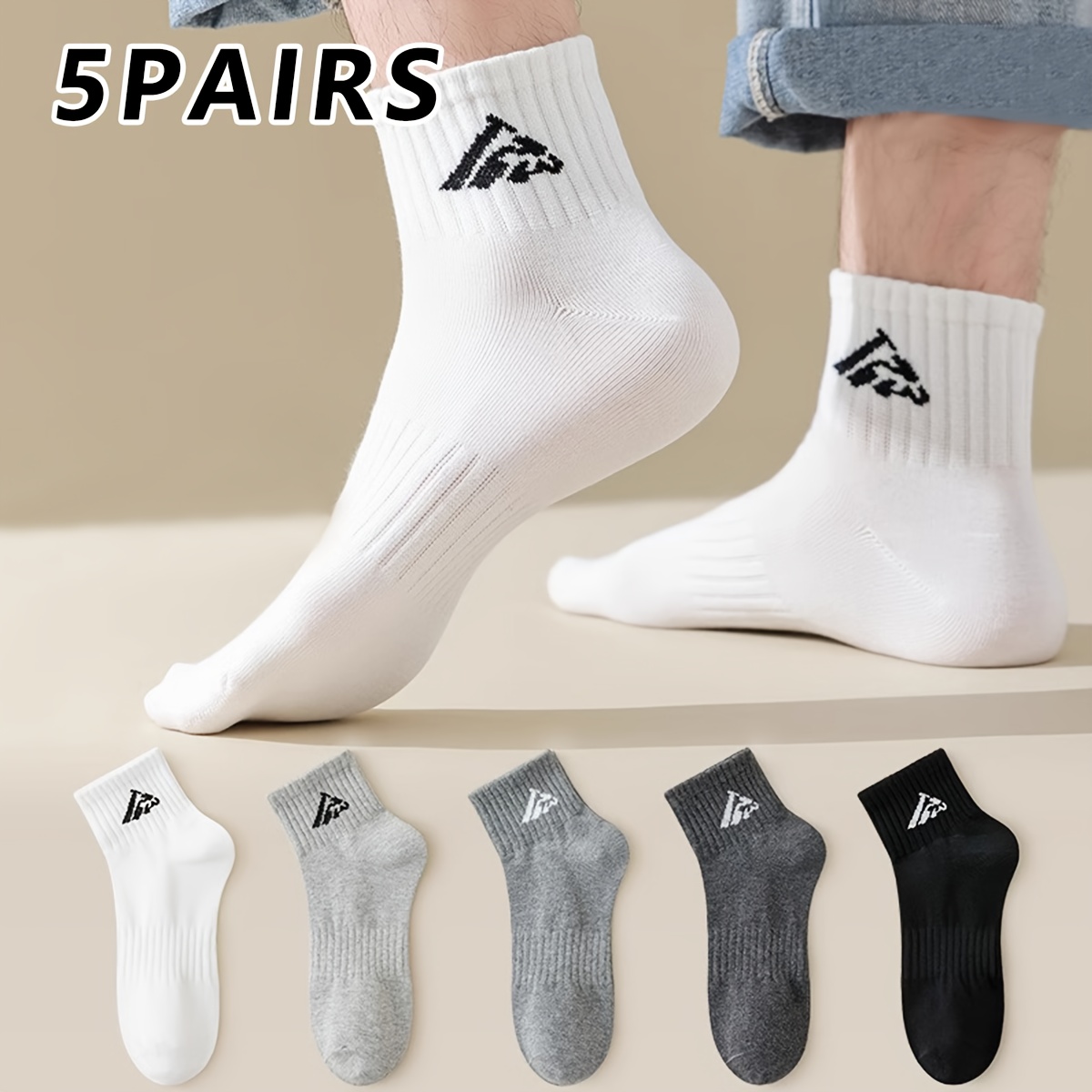 A Pc Of 5 Pairs Of Men's Summer Short Socks Featuring A Easy Design, Print Mid-calf Style, Fashionable And Versatile For Everyday Casual Wear