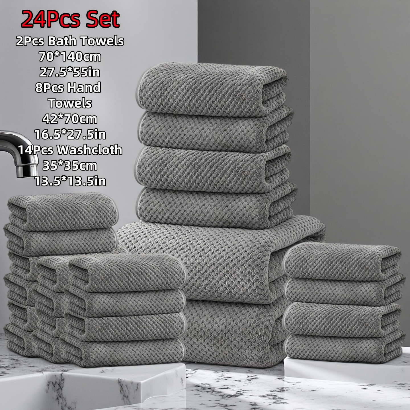 24pcs Towel Set, 2 -pcs 70 X 140cm Bath Towel, 8pcs 42 X 70cm Hand Towel, 14pcs 35 X 35cm Washcloth, Quick-dry, Fast-absorbing, Lightweight, Perfect For Home, Hotel, And Spa Use, Set Christmas Gift