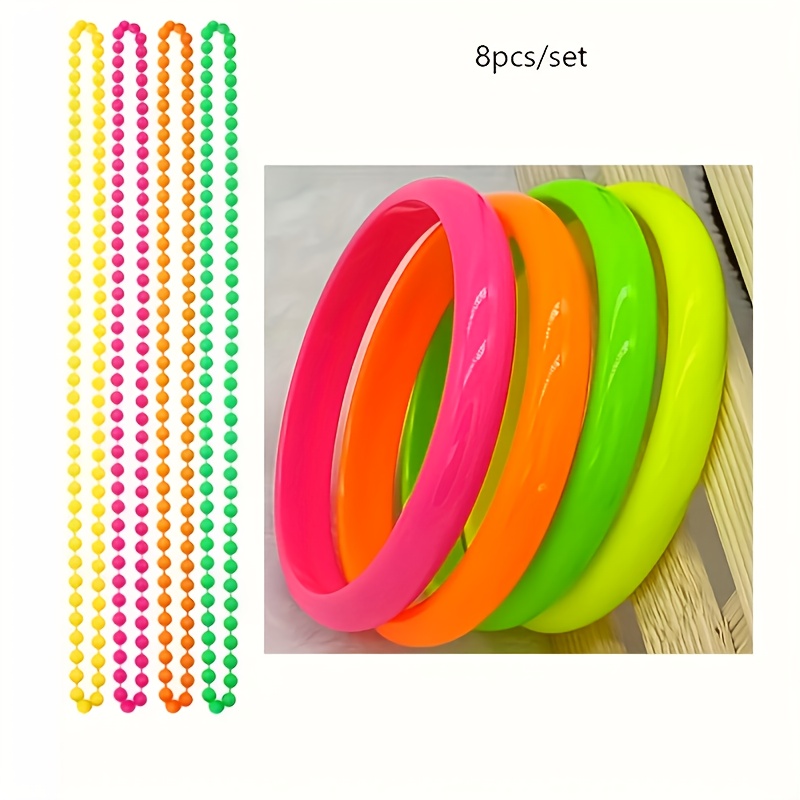 Image of 8pcs Of 80s Neon Clothing Accessories, Party Neon Bracelets And Bead Necklaces, Perfect For 80s And 90s Themed Birthday Party Decorations.