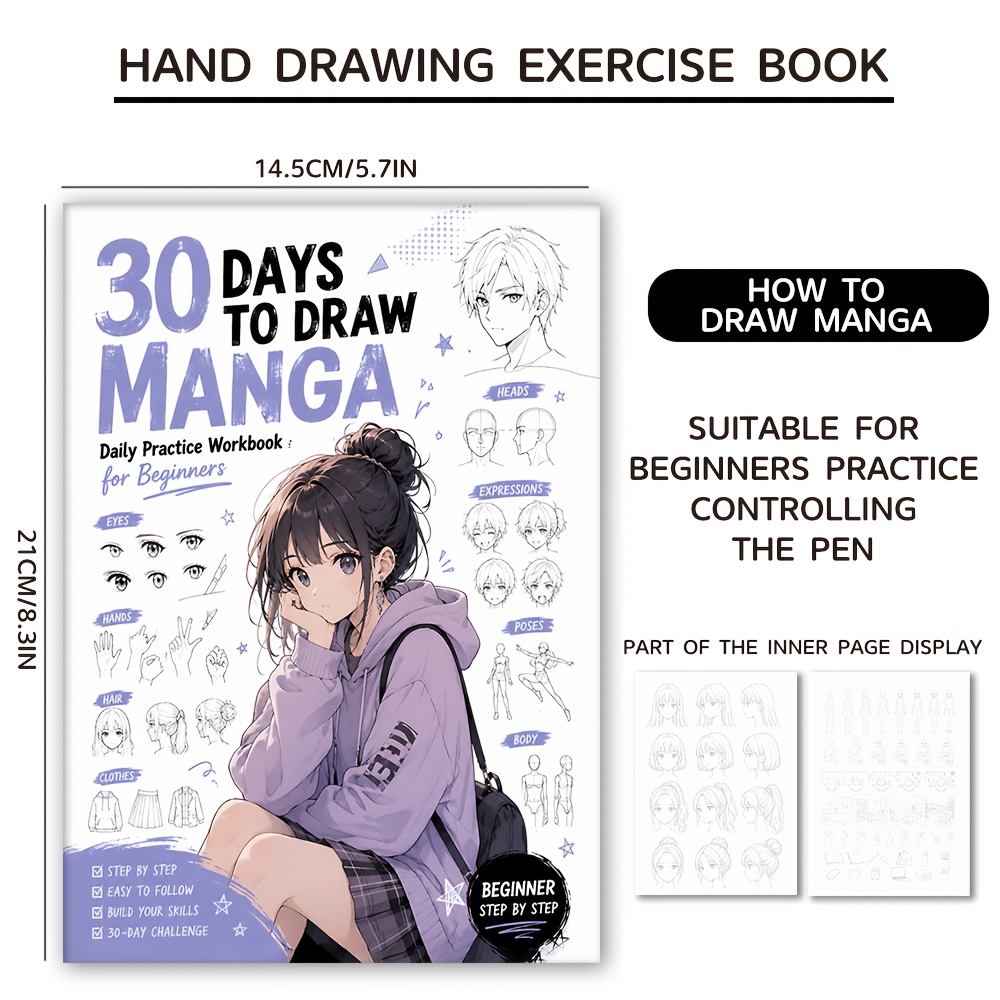 TEMU Cahier d'exercices de personnages de , cahier d'entraînement à la dessin d'anime de style "" de 30 jours, vaste ensemble de modèles d'art de
