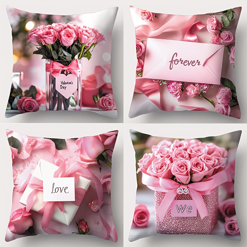 

Valentine's Day 4pcs Pillowcase Set - & Gift Design, Soft Polyester, Zip Closure, Machine Washable - Sofa & Home Decor, 17.72 X 17.72 Inches