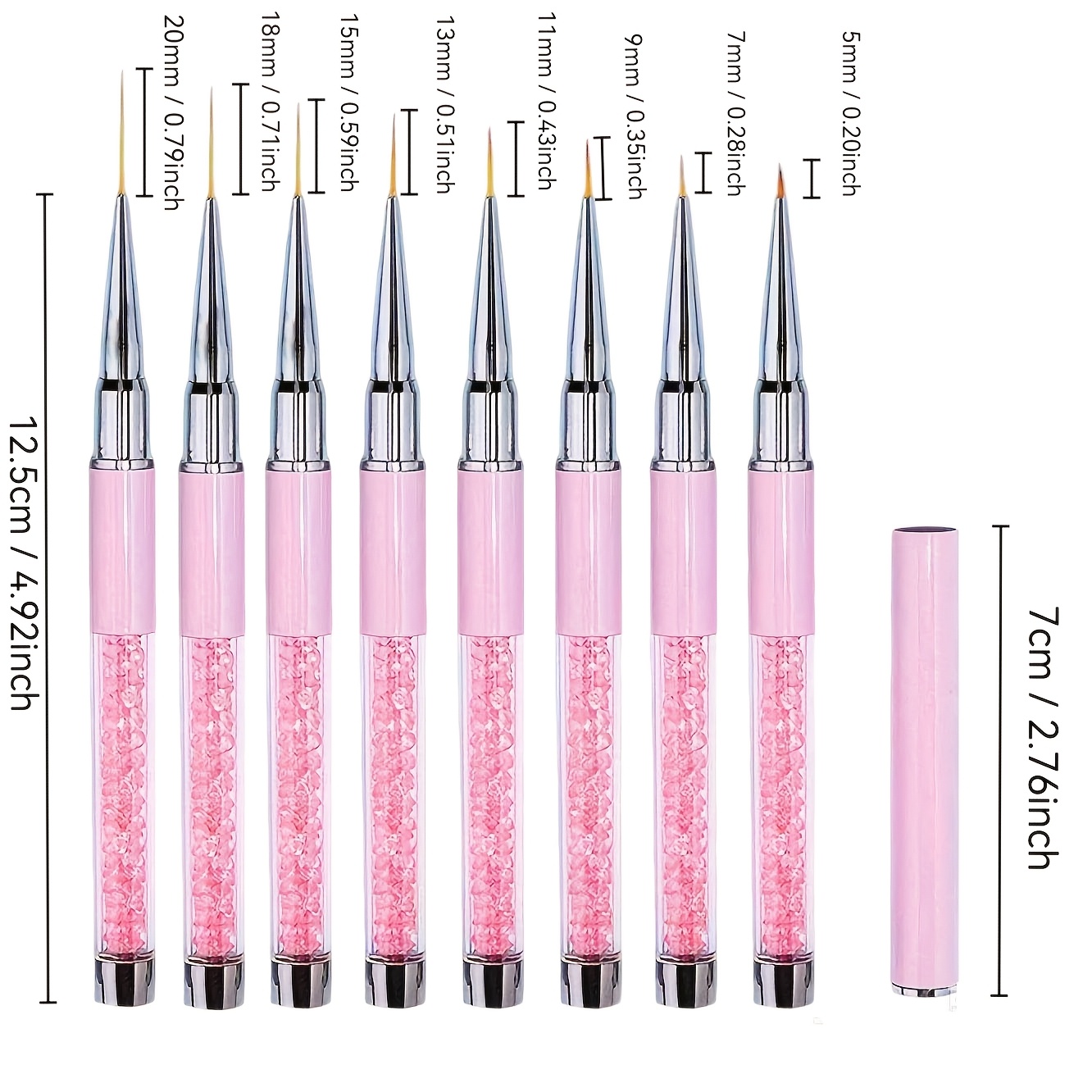 TEMU Pinceau à pour peinture florale 5/7/9/11/13/15/18/20mm, pinceau à filet pour d'extension en gel vinyle pour dessin de 3D et art des ongles,
