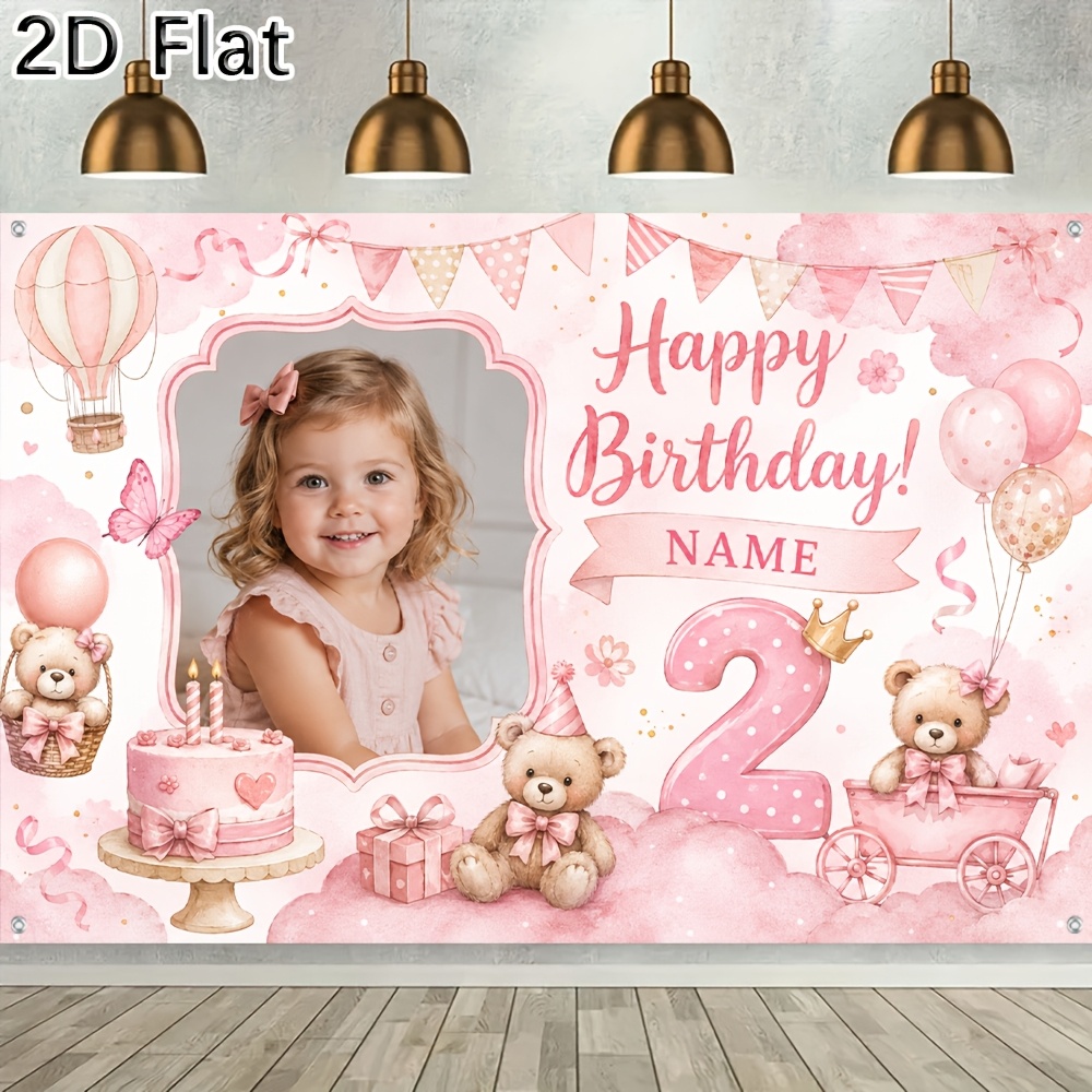 TEMU 2d Flat - [2d Flat] 1pc Party Banner Custom Photo Name Pink Cute Teddy Bear Balloon Theme Photography Backdrop Designed For Indoor Outdoor